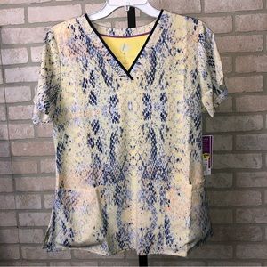 Healing Hands Purple label Grosgrain Ribbon V neck yellow snake skin scrub top